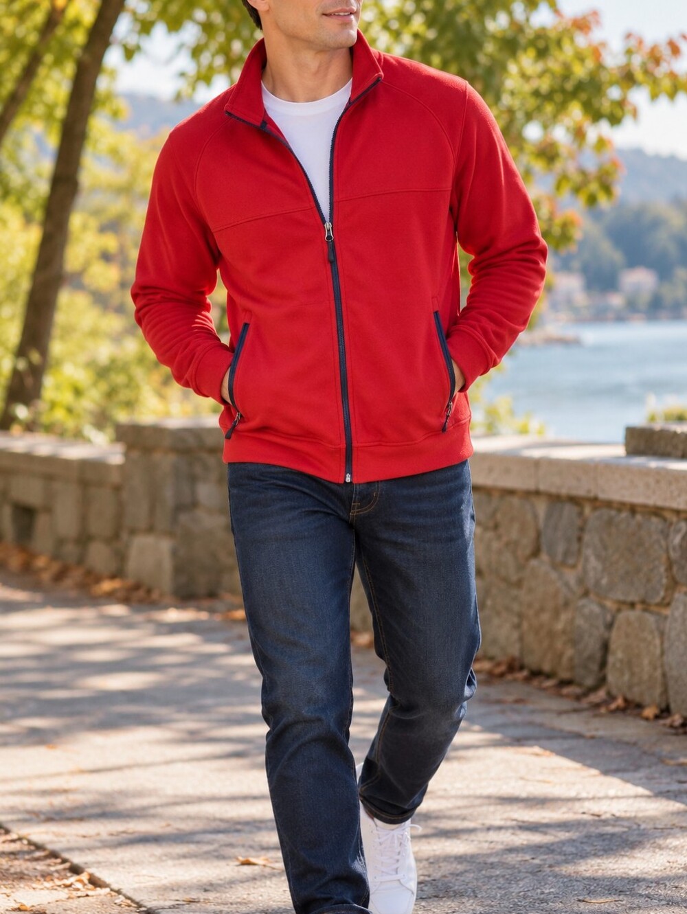 WindRiver Men’s Red Full Zip Athletic Sweater Jacket Cotton Casual Layering